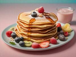 Pancakes served with a variety of global toppings against a pastel background with space for text, background image, AI generated photo