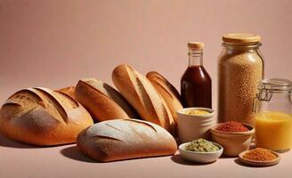 Bread with a range of international accompaniments and spreads against a pastel background with space for text, background image, AI generated photo
