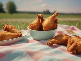 Fried chicken served on a pastel picnic blanket with space for text, background image, AI generated photo