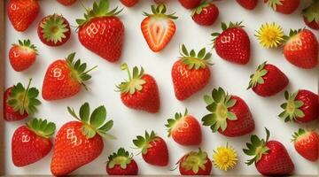 Sunbeams background fresh strawberries frame, paper art, background image, AI generated photo