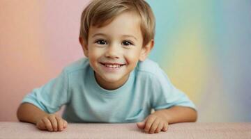 sonriente linda pequeño chico en contra vistoso pastel antecedentes con espacio para texto, niños antecedentes imagen, ai generado foto