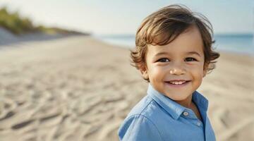 Smiling toddler boy wearing blue shirt against beach ambience background with space for text, children background image, AI generated photo