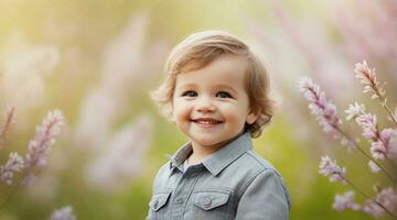 Smiling toddler boy against spring ambience background with space for text, children background image, AI generated photo