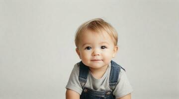 Smiling cute little toddler boy against white background with space for text, children background image, AI generated photo