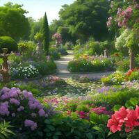 beautiful garden view with various flowers, AI generated. photo