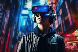 Portrait of a young man in virtual reality glasses. 3D rendering, Young man rear view with virtual reality headset or 3d glasses. Mixed media, AI Generated photo