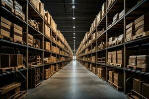 almacén interior con filas de estantería y de madera paletas industrial fondo, almacén o almacén con filas de estantería y filas de de madera cajas, ai generado foto