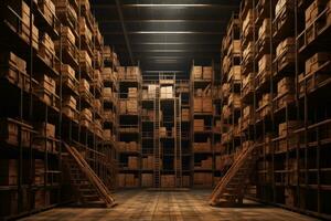 3D rendering of a warehouse with rows of wooden boxes in a warehouse, Warehouse or warehouse with rows of shelves and rows of wooden boxes, AI Generated photo