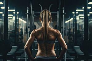 Back view of sporty woman with tattoos on her back standing in gym, Women doing battle workouts with rope in a gym, top section cropped, no face revealed, detailed muscles, AI Generated photo
