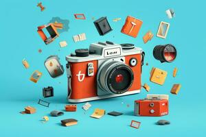 Retro camera with flying objects on blue background. 3d rendering, Vintage camera and stickers with fails on blue background, AI Generated photo