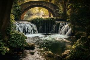 Waterfall in a park with a stone bridge in the background, waterfall in the park, AI Generated photo