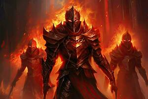 3D Illustration of a Fantasy Character with Flames in the Background, Witness the Warriors of Ember, masked warriors in fiery armor, each wielding a unique weapon, dedicated to justice, AI Generated photo