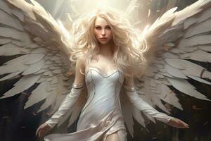 Beautiful angel girl with white wings on a dark background. Fantasy, White angel with wings, AI Generated photo