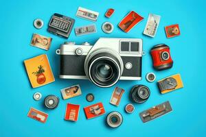 Retro camera and other vintage objects on blue background 3D rendering, Vintage camera and stickers with fails on blue background, AI Generated photo