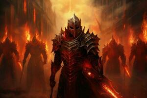 Fantasy scene with a fantasy warrior in the fire. 3d illustration, Witness the Warriors of Ember, masked warriors in fiery armor, each wielding a unique weapon, dedicated to justice, AI Generated photo