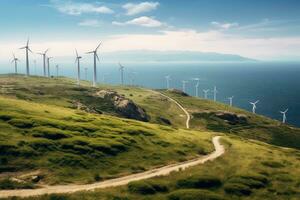 Windmills for electric power production, Zaragoza Province, Aragon, Spain, View from Cape Kaliakra to an offshore wind farm in Bulgaria, AI Generated photo