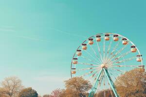 ferris rueda en un antecedentes de azul cielo. Clásico tonificado, Clásico ferris rueda en azul cielo antecedentes en el parque, ai generado foto