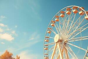 Ferris wheel on blue sky background. Vintage toned picture, Vintage ferris wheel on blue sky background in the park, AI Generated photo
