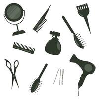 Hairdresser's set - silhouettes in black. Hair brush, scissors, mirror, brush for coloring, spray bottle, hairpins, fan. vector