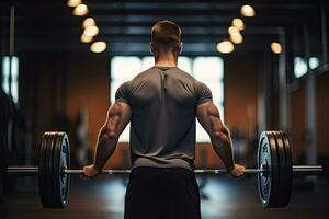 posterior ver de un joven hombre levantamiento un barra con pesas en un gimnasia, levantador de pesas hombre practicando con mancuernas a el gimnasia, parte superior sección recortado, No cara reveló, frente vista, No deformación, ai generado foto