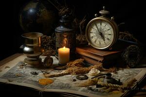 Vintage still life with old books, clock, compass and candle on dark background, Vintage still life with compass, old map, and other objects, AI Generated photo