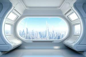 White spaceship interior with window and city view. 3D Rendering, White spaceship interior with window view on the city. 3d rendering, AI Generated photo