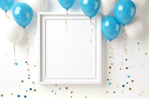 White frame mockup with blue balloons and confetti. 3d illustration, White frame on white background with blue balloons and confetti, AI Generated photo