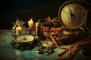 Vintage compass, rope and candle on old world map background, Vintage still life with compass, old map, and other objects, AI Generated photo