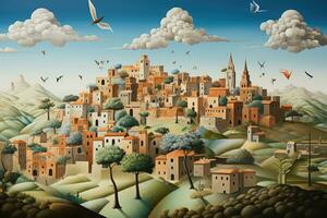 Fantasy landscape with village in the clouds and birds. Digital painting, view of the town country , AI Generated photo