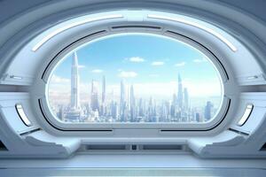 Spaceship interior with window view on city. 3D rendering, White spaceship interior with window view on the city. 3d rendering, AI Generated photo