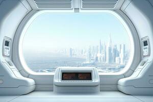 Futuristic spaceship interior with window view on city. 3D rendering, White spaceship interior with window view on the city. 3d rendering, AI Generated photo