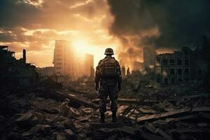 Airsoft soldier in action against the background of the destroyed city, War Concept. Military man in uniform of World War II against the background of destroyed buildings, AI Generated photo