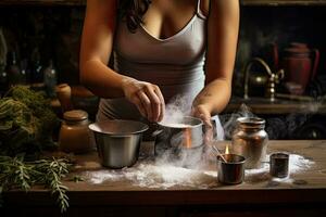 de cerca de un mujer manos Cocinando comida en el cocina, mujer agregando sal en maceta mientras cocinando, ai generado foto