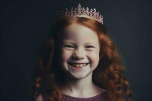 alegre niña princesa con rojo cabello. generar ai foto