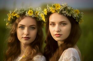 Beautiful girls field flowers. Generate Ai photo