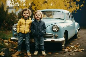 Cute children near old retro car outdoor after rain. Generate Ai photo