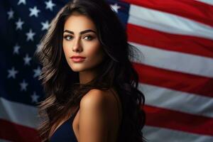 retrato de un hermosa joven mujer con largo ondulado morena cabello. americano bandera fondo, joven hermosa mujer participación Estados Unidos bandera, ai generado foto