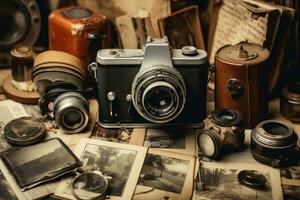 Clásico cámara y antiguo fotos en el antecedentes de un antiguo mapa, Clásico cámara y antiguo fotografías, ai generado