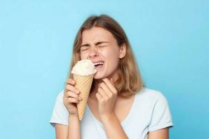 Woman ice cream suffering toothache. Generate Ai photo