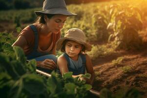 atractivo granjero mujer con niño en plantación campo. generar ai foto