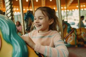 Little girl having fun on carousel. Generate ai photo