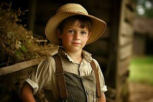 Adventurous American farmer boy at field. Generate Ai photo