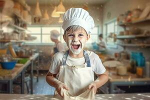 Cute boy playing with dough. Generate ai photo