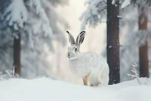 blanco liebre en invierno Nevado bosque. generar ai foto