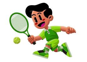 contento niño jugando tenis dibujos animados aislado vector
