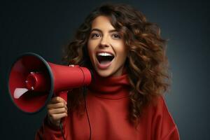 Portrait of a young woman shouting through a megaphone.  AI generated photo