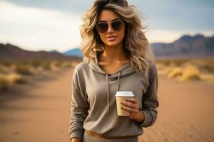 Beautiful young woman in sunglasses holding coffee cup in desert.  AI generated photo