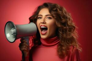 Portrait of a young woman shouting through a megaphone. AI generated photo