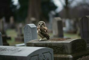 Owl guarding on cemetery stone grave. Generate ai photo