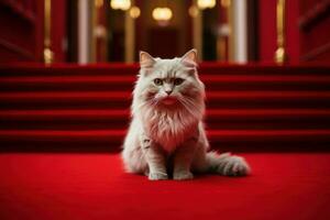 Lengthy Red carpet for famous cat. Generate Ai photo